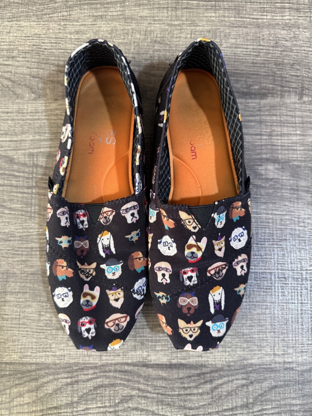 BOBS from Skechers Black Slip-On Flats with Multicolor Dog Face Print